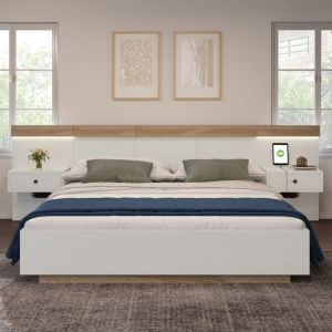 Lit adulte 180x200 cm, Lit double avec chevets suspendus, led et ports usb, cadre en bois, sommier &agrave; lattes, ch&ecirc;ne + blanc