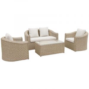 Alice's Garden Salon de jardin en r&eacute;sine tress&eacute;e arrondie 4 places - Valentino Naturel - Coussins beiges. canap&eacute; fauteuils table basse