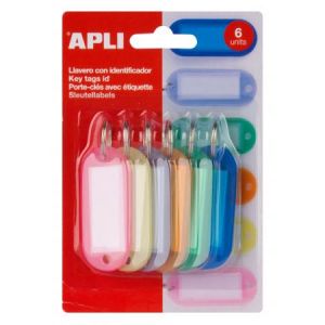 APLI 17133 - Blister de 6 porte-cl&eacute;s avec anneau, 25x61mm, coloris assortis