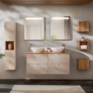 Ensemble meuble double vasque 120cm colonne et 3 armoires murales Manoa Cachemire et bois