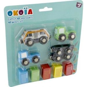 Okoia Coffret circuit 10 accessoires en bois : Transport de marchandises