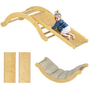 Arche escalade enfants - AIYAPLAY - 4 en 1 - chaise à bascule rampe descalade et coussin - pin - 168x495x395cm - bois naturel