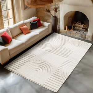 Tapis de Salon ou chambre en Cr&egrave;me 60 x 110 cm style boh&egrave;me scandinave avec effet haut-bas tapis d&eacute;coratif