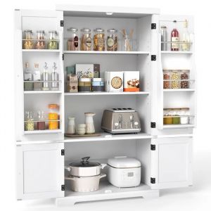 COSTWAY Armoire de cuisine haute, 139 cm Armoire &agrave; provisions avec 5 &eacute;tag&egrave;res r&eacute;glables et 4 portes, buffet ind&eacute;pendant en bois, armoire de rangement