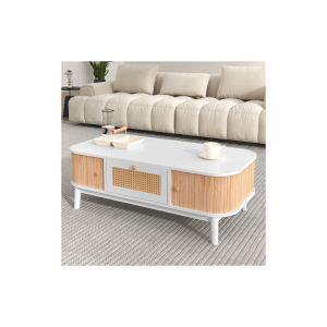 Table basse en rotin, Tiroirs et portes coulissantes, en bois massif, Blanc