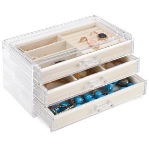 Boîte à bijoux Tranquil Abode - Boîte à bijoux à 3 tiroirs spacieux - Boîte à bijoux moderne en acrylique transparent - Porte-bijoux - pour femmes et filles
