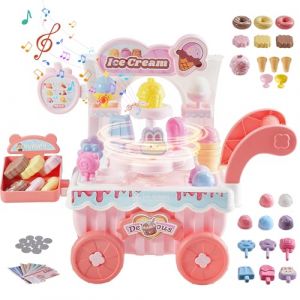 VEVOR Chariot &agrave; Glaces pour Enfants, 27 Accessoires, Jeu d'Imitation de Stand Glacier, avec Espace de Rangement, Effets Sonores et Lumineux, Jouet &Eacute;ducatif Montessori pour Tout-petits de 3 Ans et Plus