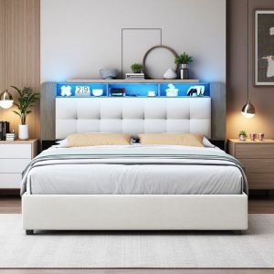 Lit 160x200 - Moderne - Rangement Hydraulique - LED Int&eacute;gr&eacute;e - Velours Blanc