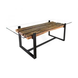 Table de salle &agrave; manger RAFTA &ndash; Rectangulaire 220 cm &ndash; Bois, m&eacute;tal et verre &ndash; Style industriel