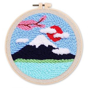 Figured'Art Punch Needle Kit Complet pour Adultes et Enfants - Le Mont Fuji et Cerisier - Parfait pour Débutant. Set prêt à broder taille 20x20cm avec cadre circulaire