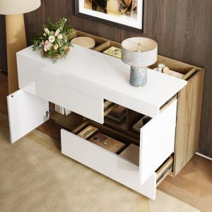 Buffet de cuisine &agrave; 2 portes 2 tiroirs, meuble TV LED, meuble entr&eacute;e, 120&times;37&times;76,5 cm, Naturelle + Blanc