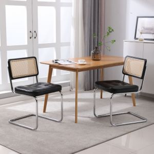 Lot de 2 chaises de salle à manger en rotin et en simili cuir rembourré doux, dossier en maille, pieds en métal chromé, noir