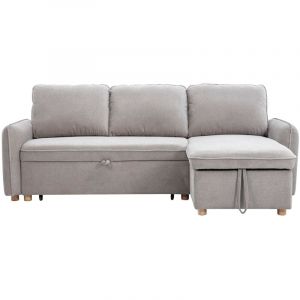 Miliboo Canap&eacute; d'angle convertible r&eacute;versible avec coffre 3 places en tissu chenille gris et bois clair ORSO