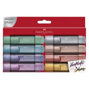 Faber-Castell 254678 Lot de 8 surligneurs 46, couleurs métalliques, avec pointe biseautée durable, largeur de trait 1 à 5 mm, rechargeables