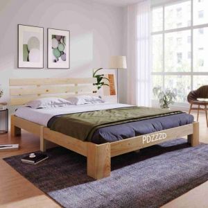 Lit double 140x200cm 2 places avec sommier à lattes en bois massif Style moderne Couleur naturel