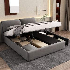Wishdor - Lit coffire Lit double Lit hydraulique 180 x 200 cm avec 3 tiroirs et sommier à lattes, sans matelas, velours, gris
