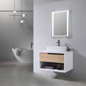 LuxuryBain- Meuble de salle de bain simple vasque 80cm bois et blanc avec miroir LED LB-8153-80