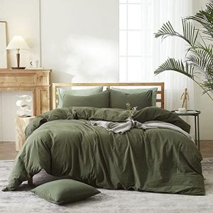 Sedefen Housse de Couette 220 x 240 cm Vert Olive Coton lavé Couleur Unie - Parure de Lit 2 Personnes avec Fermeture Éclair - Aspect ridée Naturel Housse Couette avec 2 Taie d'oreiller 65x65 cm