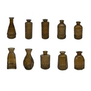 Relaxdays Vases, Lot de 10, textur&eacute;s, Vintage, Verre, H : 10-14,7 cm, Petites vases d&eacute;co, Marron