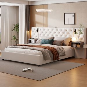 Lit coffre 160x200 avec lampe de lectureet, lit 160x200 avec tiroir de chevet, lit adulte 160x200, tissu en velours, beige