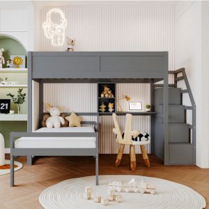 Modfu - Cadre de lit superposé moderne et minimaliste Lit double litenfant enfant avec bureau et rangement, 2 en 1, sommier à lattes, en bois, sans