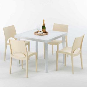 Grand Soleil Table carr&eacute;e et 4 chaises Poly rotin resine color&eacute;es 90x90 blanc | Paris Beige ivoire