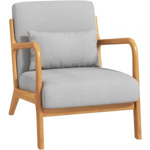 Homcom Fauteuil lounge - 3 coussins inclus - assise profonde - accoudoirs - structure bois hévéa - aspect lin gris