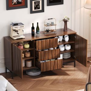 Fortuna Lai - Buffet 150x40x80cm - Armoire avec 3 tiroirs et 2 portes, grande table en bois - Moderne du milieu du siècle - Marron