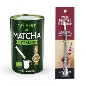 Image de Aromandise Thé vert Matcha instantané en sticks + paille inox avec filtre