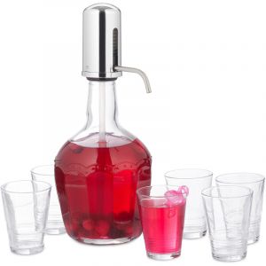 Image de Relaxdays Distributeur d’eau, set pratique avec 6 verres, pompe manuelle, fontaine à boissons 2,4 litres, transparent