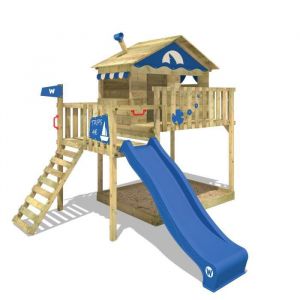 Wickey Aire de jeux Portique bois Smart Wave avec toboggan bleu Maison enfant exterieur avec bac &agrave; sable, &eacute;chelle d'escalade