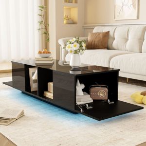 Table basse 120 x 50 x 38,5 cm, led, 2 2 compartiments de rangement, plateau en verre, table basse de salon de chambre, mdf, noir