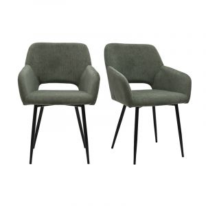 Miliboo - Chaises en tissu velours c&ocirc;tel&eacute; vert kaki et m&eacute;tal noir (lot de 2) LAURETTE