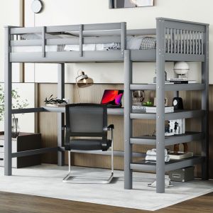 Lit mezzanine enfant 90x200cm - 2 places - avec bureau et &eacute;tag&egrave;res de rangement - bois de pin et MDF - gris - Certifi&eacute; EN747