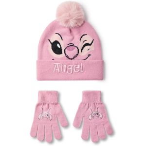Disney Lilo & Stitch Ensemble Bonnet et Gants pour Filles | Bonnet d'hiver tricoté Rose avec Visage de Personnage d'ange | Bonnet Pom Pom Taille Unique pour Enfants avec Gants imprimés par Transfert (Vanilla Underground, neuf)