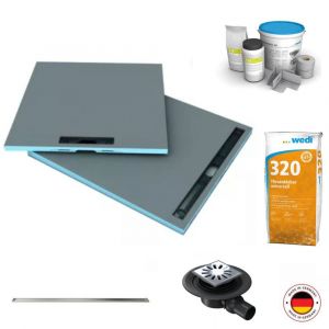 Wedi Receveur à carreler Fundo Riolito Neo + barrette + bonde horizontale + kit d étanchéité et colle 320, 120 x 120