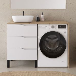 Meuble lave linge 124cm avec plateau miel et vasque arrondie - sans miroir - 3 tiroirs - blanc/madera miel (chêne clair) - SANTA