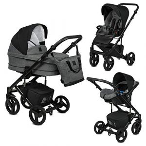 Image de Emjot Poussette Combin&eacute;e Trio 3 en 1 Neri Lin Gris clair/Noir &ndash; Landau, poussette promenade, si&egrave;ge auto Groupe 0+ - Livr&eacute;e avec ses accessoires.