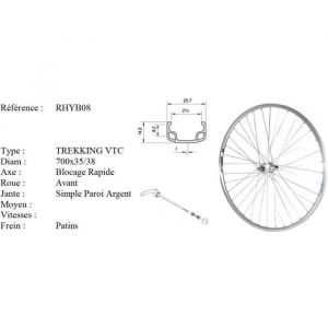 Roue 28 vtc avant jante alu simple paroi argent frein patin moyeu alu blocage rapide