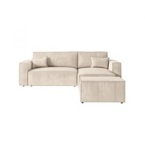 Loungitude PACK - CLARISSE - Canapé d'angle convertible réversible avec pouf en velours côtelé - Beige - Beige