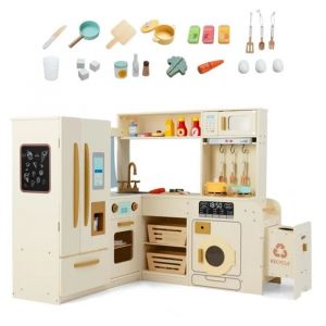 Cuisine pour Enfants Luxe COSTWAY XXXL en Bois 3 Ans+ avec 22 Accessoires Riches,Lumi&egrave;res & Sons