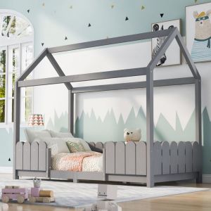 Lit cabane Lit enfant 90x200cm en bois pour garçons & filles Protection contre les chutes sommier à lattes Gris