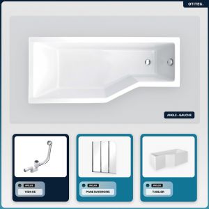 Baignoire asymétrique - 170 x 75 cm - Gauche - avec Tablier - Pieds - Pare Baignoire 3 Volets - Vidage Chrome - INTEGRA