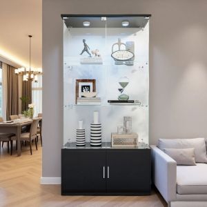 Vitrine en Verre - Meuble Vitrine Noir - &Eacute;clairage LED - Verre Tremp&eacute; - 4 Portes