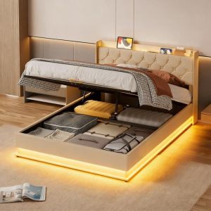 Lit coffre 140 x 200 cm Bealife avec T&ecirc;te de Lit Coffre Capteur de Veilleuse Sommier Hydraulique Cadre de Lit &agrave; Lattes et Structure M&eacute;tallique 2