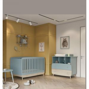 Demeyere Ensemble FIRMANIA lit bébé + plan à langer pour commode + commode 2 tiroirs et 3 niches - bleu orage et pin naturel