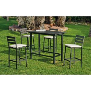 Image de Hévéa SET GALICIA TABLE BAR 130 ANTHRACITE + 4 CHAISES HAUTES + COUSSINS