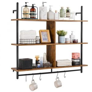 VEVOR Étagère Murale Tuyau Industrielle, 3 Niveaux, Support Mural Flottant de Rangement en Bois Rustique, 105x24 cm, pour Articles Divers de Cuisine, Chambre à Coucher, Salle de Bain, Salon, Maison