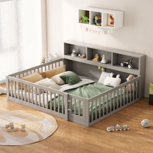 Lit double 140x200cm - lit enfnat, côté lit avec rangement et sommier à lattes, avec barre de clôture - bois de pin gris