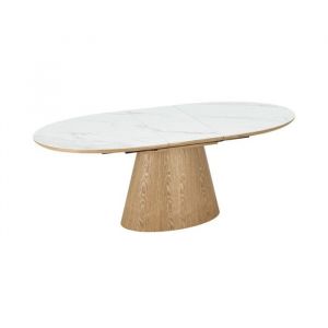 Table LUMEA &ndash; C&eacute;ramique effet marbre blanc et bois &ndash; 160-200 cm &ndash; Extensible &ndash; Forme ovale